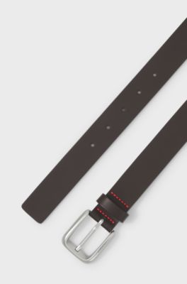 Leather business belt with logo-engraved buckle, Dark Brown