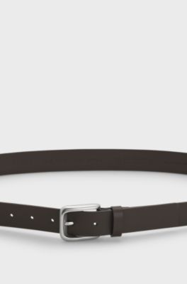 Leather business belt with logo-engraved buckle, Dark Brown