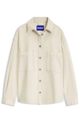 Oversized coated cotton shirt-style jacket, Natural