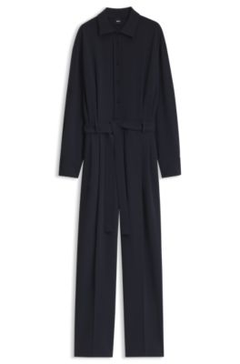 Belted dress in Japanese stretch crepe, Dark Blue