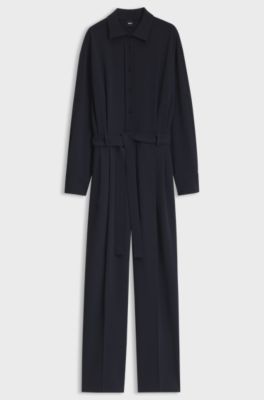 Belted dress in Japanese stretch crepe, Dark Blue