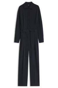 Belted dress in Japanese stretch crepe, Dark Blue