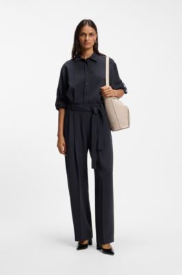 Belted dress in Japanese stretch crepe, Dark Blue