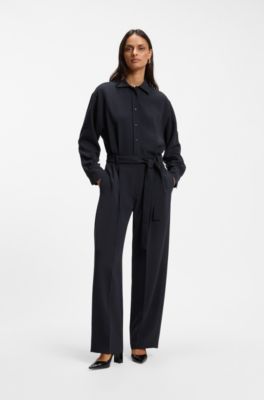 Belted dress in Japanese stretch crepe, Dark Blue