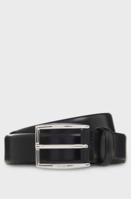 Leather belt with silver-tone pin buckle, Black