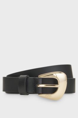 Italian-leather belt with angular gold-tone buckle, Black