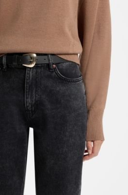 Italian-leather belt with angular gold-tone buckle, Black