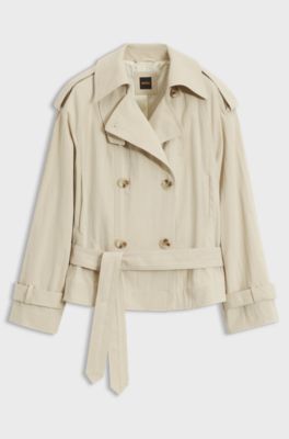 Cotton-blend trench coat with double-breasted front, Light Beige