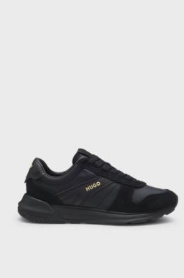 Sneakers in pelle scamosciata con logo in lamina dorata, Nero