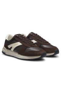 Suede trainers with gold-tone foiled logo, Dark Brown