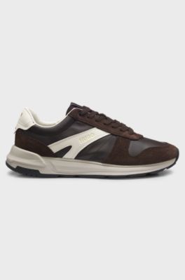 Suede trainers with gold-tone foiled logo, Dark Brown