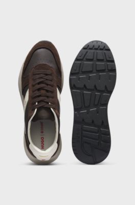 Suede trainers with gold-tone foiled logo, Dark Brown