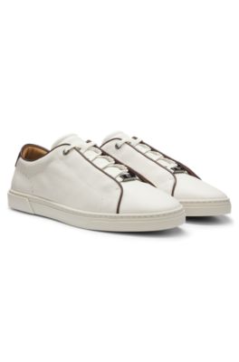 Lace-up trainers in grainy Italian leather, Natural