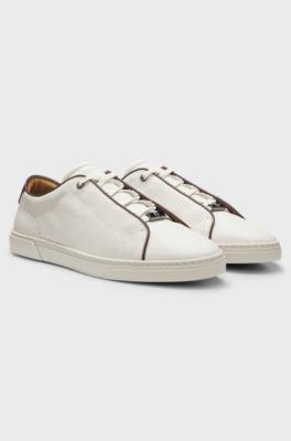 Sneakers stringate in pelle italiana con grana, Colore neutro