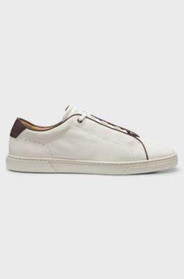 Sneakers stringate in pelle italiana con grana, Colore neutro