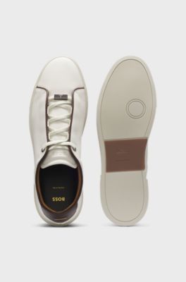 Sneakers stringate in pelle italiana con grana, Colore neutro