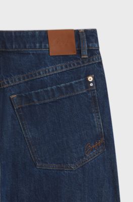 Wide barrel-fit jeans in authentic crosshatch denim, Dark Blue