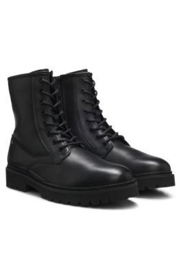 Lace-up boots in smooth leather with side zip, Black