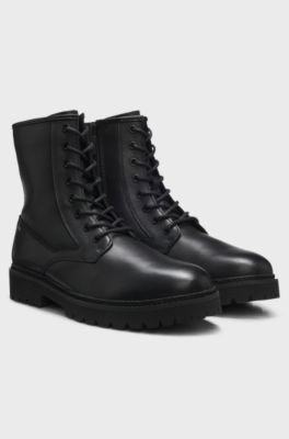 Stivali stringati in pelle liscia con zip laterale, Nero