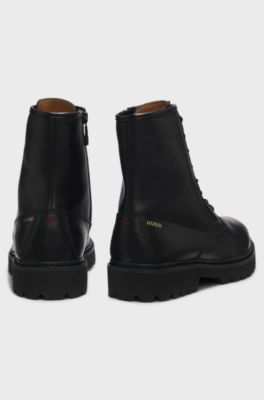 Stivali stringati in pelle liscia con zip laterale, Nero