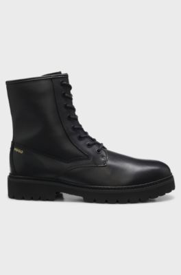 Stivali stringati in pelle liscia con zip laterale, Nero