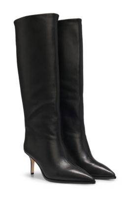 Knee-high boots in leather with stiletto heel, Black