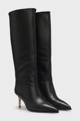 Knee-high boots in leather with stiletto heel, Black