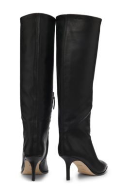Knee-high boots in leather with stiletto heel, Black