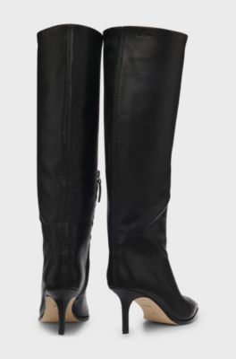 Knee-high boots in leather with stiletto heel, Black