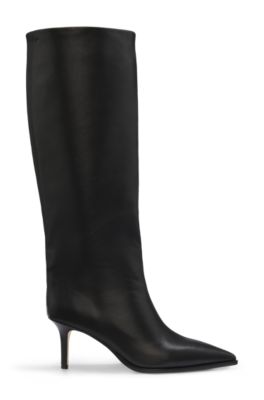 Knee-high boots in leather with stiletto heel, Black