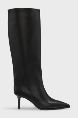 Knee-high boots in leather with stiletto heel, Black