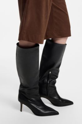 Knee-high boots in leather with stiletto heel, Black
