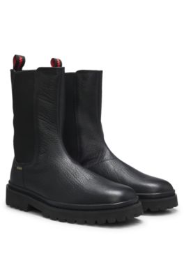 Square-toe leather Chelsea boots with lug sole, Black