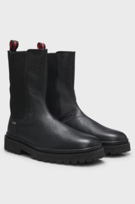 Square-toe leather Chelsea boots with lug sole, Black