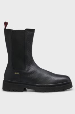Square-toe leather Chelsea boots with lug sole, Black
