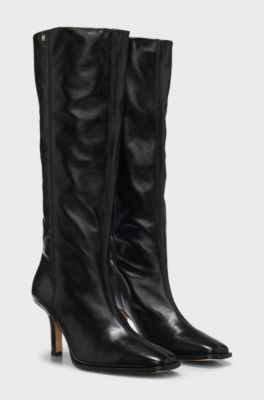 Knee-high boots in leather with squared toe, Black