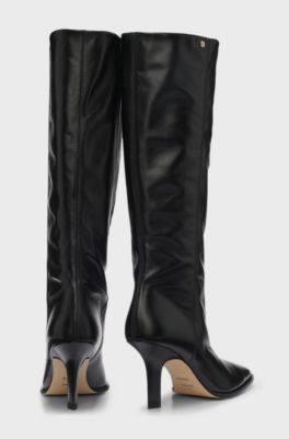 Knee-high boots in leather with squared toe, Black