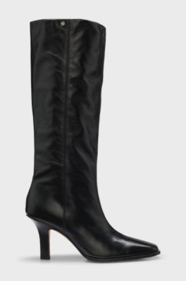 Knee-high boots in leather with squared toe, Black