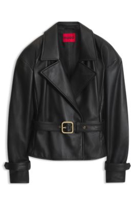 Belted relaxed-fit jacket in leather, Black