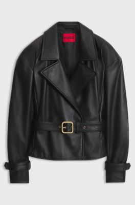 Belted relaxed-fit jacket in leather, Black