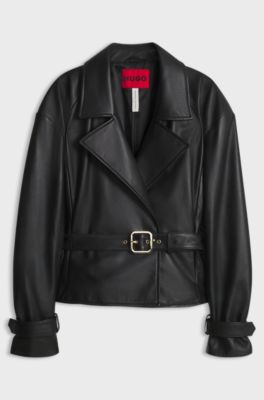 Belted relaxed-fit jacket in leather, Black