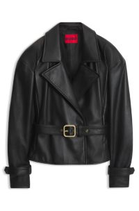 Belted relaxed-fit jacket in leather, Black