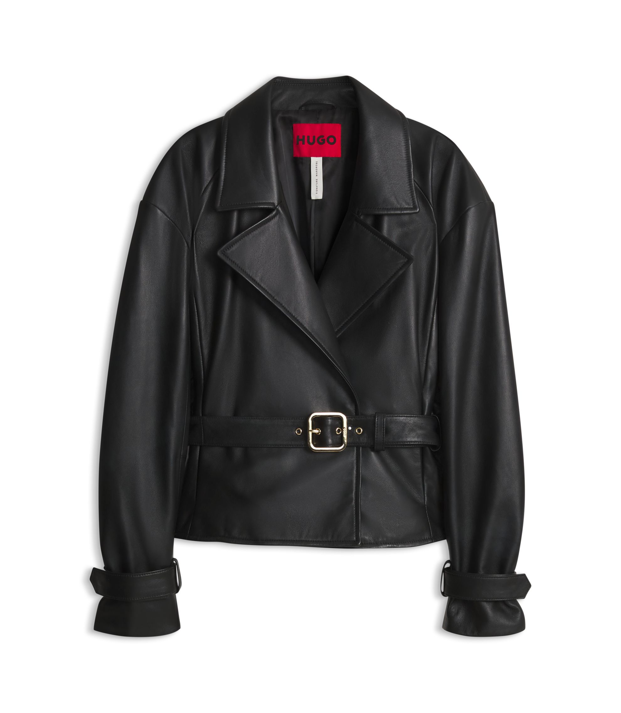 HUGO BOSS ／ ライダースジャケット HUGO - Belted relaxed-fit jacket in leather - Black