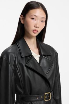 Belted relaxed-fit jacket in leather, Black