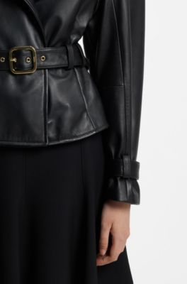 Belted relaxed-fit jacket in leather, Black