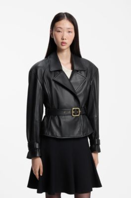 Belted relaxed-fit jacket in leather, Black