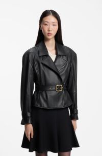 Belted relaxed-fit jacket in leather, Black