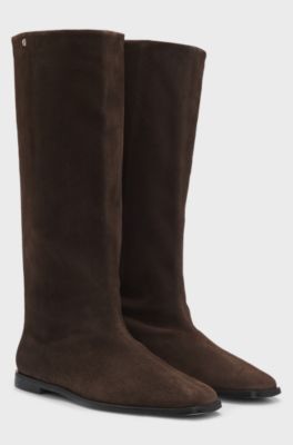 Knee-high boots in suede with Double B monogram, Dark Brown