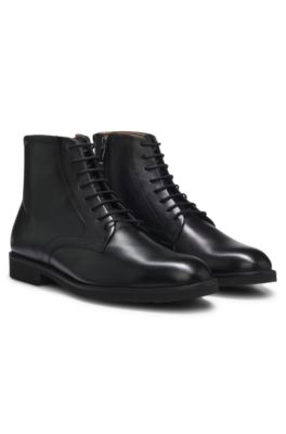 Lace-up leather boots with side zip, Black