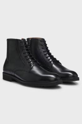 Lace-up leather boots with side zip, Black